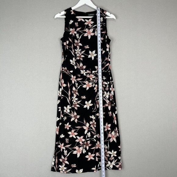 Lauren Ralph Lauren Womens Dress 8 Black Floral Midi Jersey Knot Mock Wrap Work - Picture 3 of 15